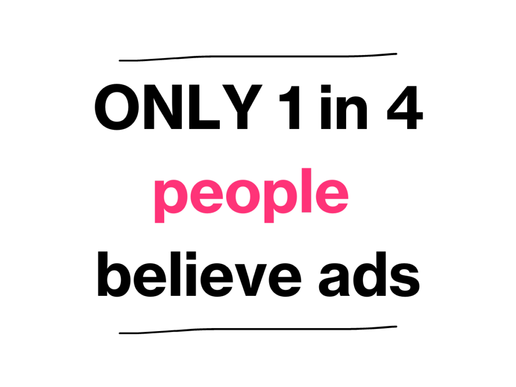 word of mouth marketing because only 25% or 1 in 4 people believe advertising