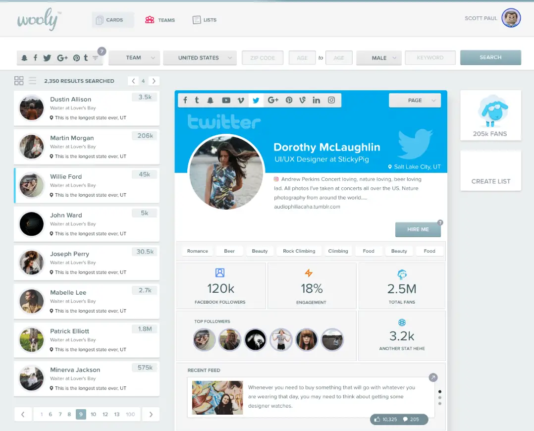 Our first app, showing a list of brand fans and a creator profile