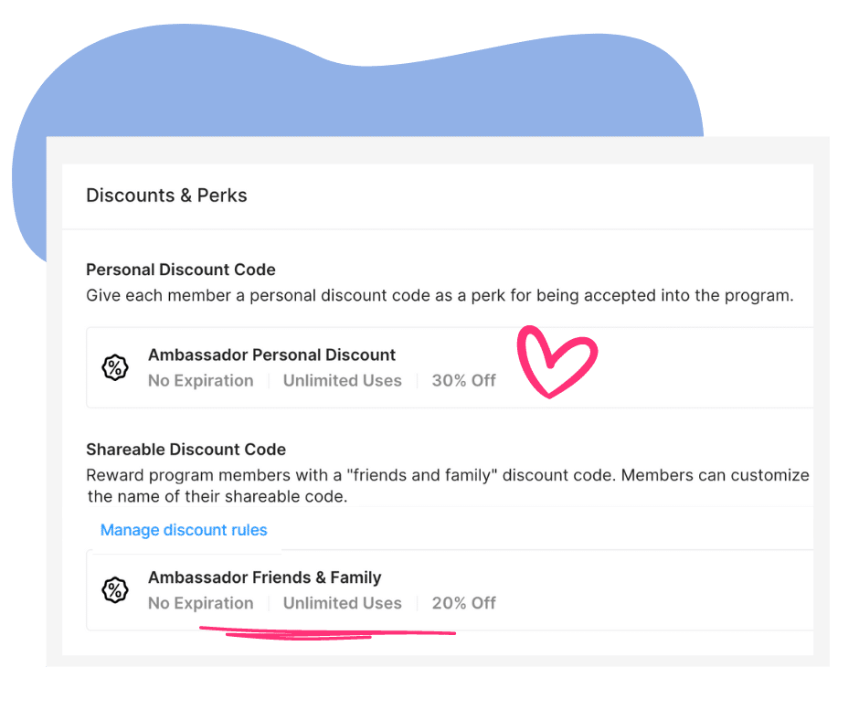 shareable discount codes and links set discount percentages and terms. Discount and sharing guidelines determined during program setup apply to all new advocates. Then, ambassadors may add cache and a bit of flair by naming their discount coupons.