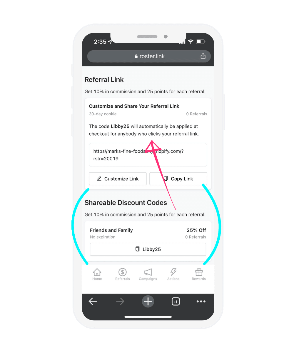 A discount code can be instantly applied to a referral's purchase through Roster if your online store operates on Shopify.