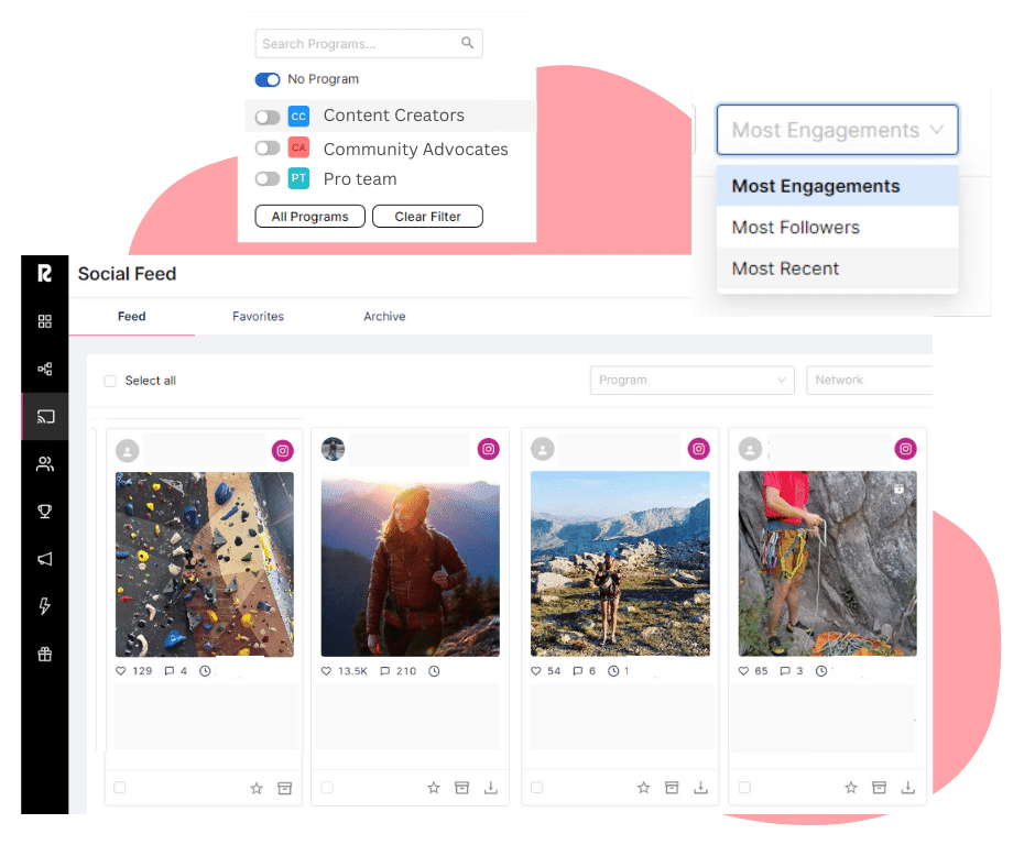 Roster social feed is dynamic with filtering for sorting UGC and social posts