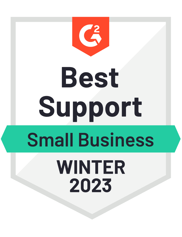 G2 badge Best Support overall in the small business category for brand advocacy and customer advocacy