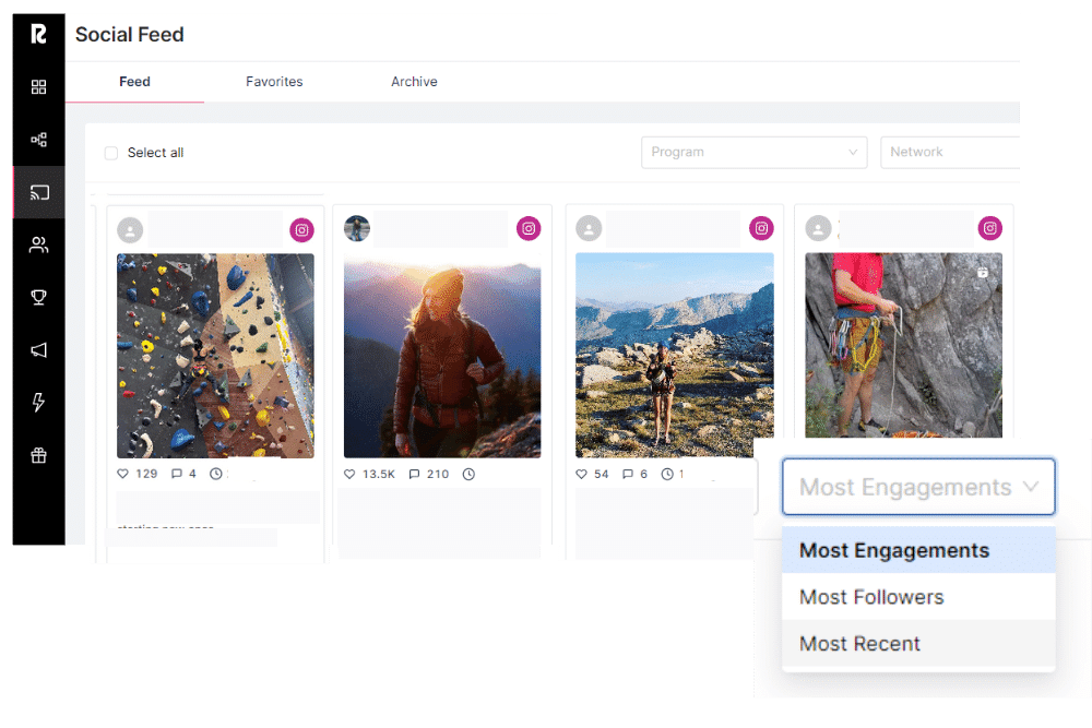 grow a brand ambassador program with Roster's live social feed that pulls in the latest posts, videos, and more from your ambassadors and programs. Automatically see the most recent social activity, plus filter by most engagements and most followers.