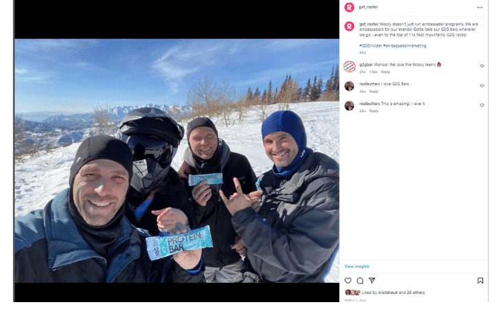 taking a break from snowmobiling with some G2G bars - best winter marketing ideas