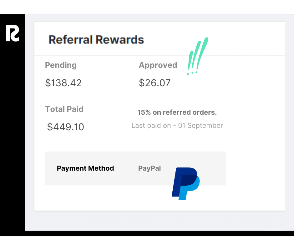 Follow the flow in user profiles of your payments and referral rewards as they are earned, pending, approved, and paid.