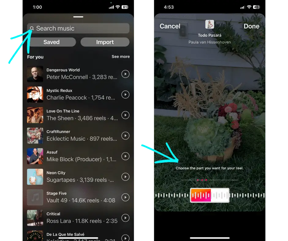 the Audio button lets you select audio from the Instagram music library or import it from your device