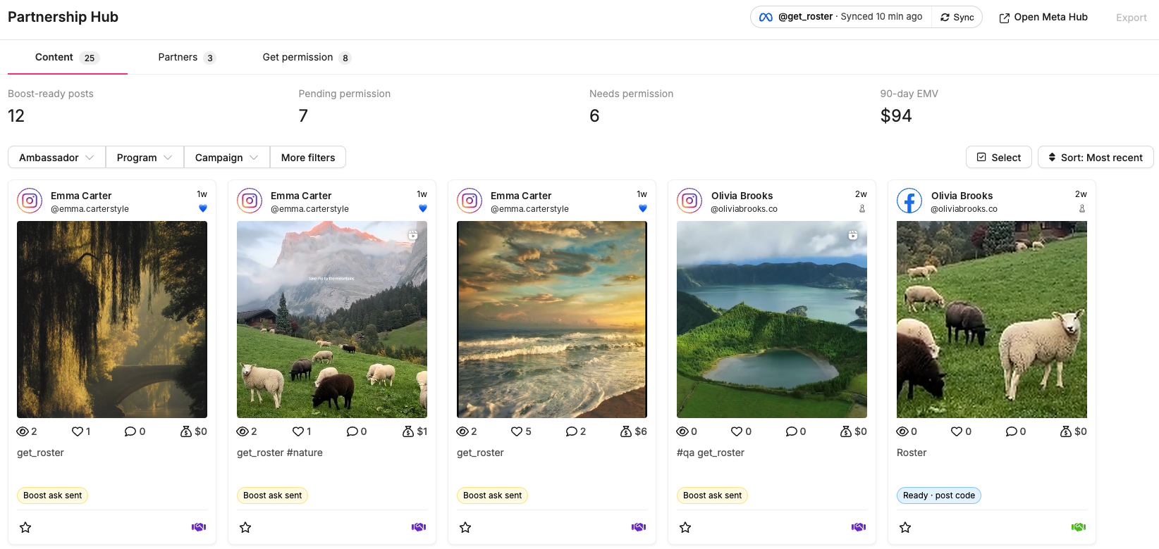 The Meta Partnerships Hub in Roster: boost-ready posts, pending and needed permissions, 90-day EMV, and ambassador posts with their permission status