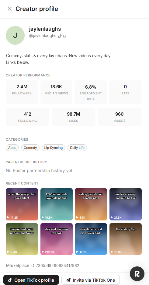 A TikTok creator profile in Roster: performance stats, categories, partnership history and recent content, with options to open the TikTok profile or invite the creator